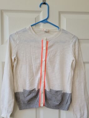Crewcuts White and Gray Cardigan with Neon Coral Trim, Sz 14